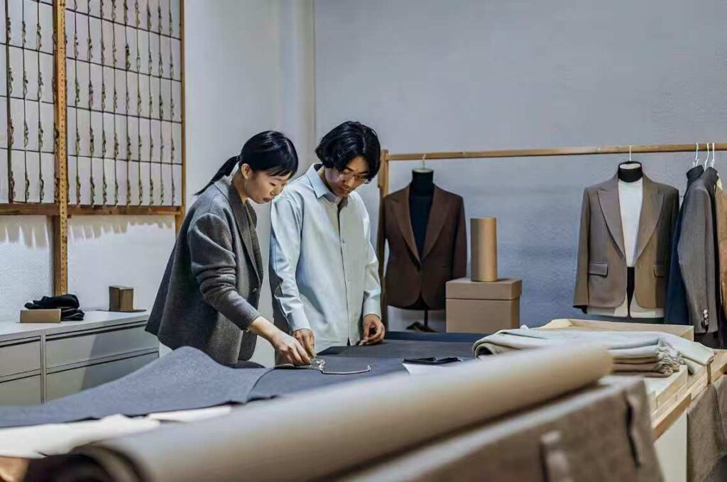 Two designers reviewing gray fabric samples for tailoring.