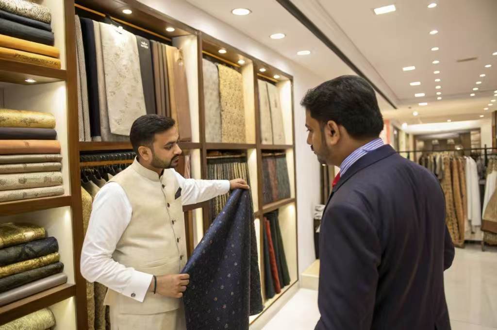 Salesman showing dark patterned fabric to customer in textile shop.