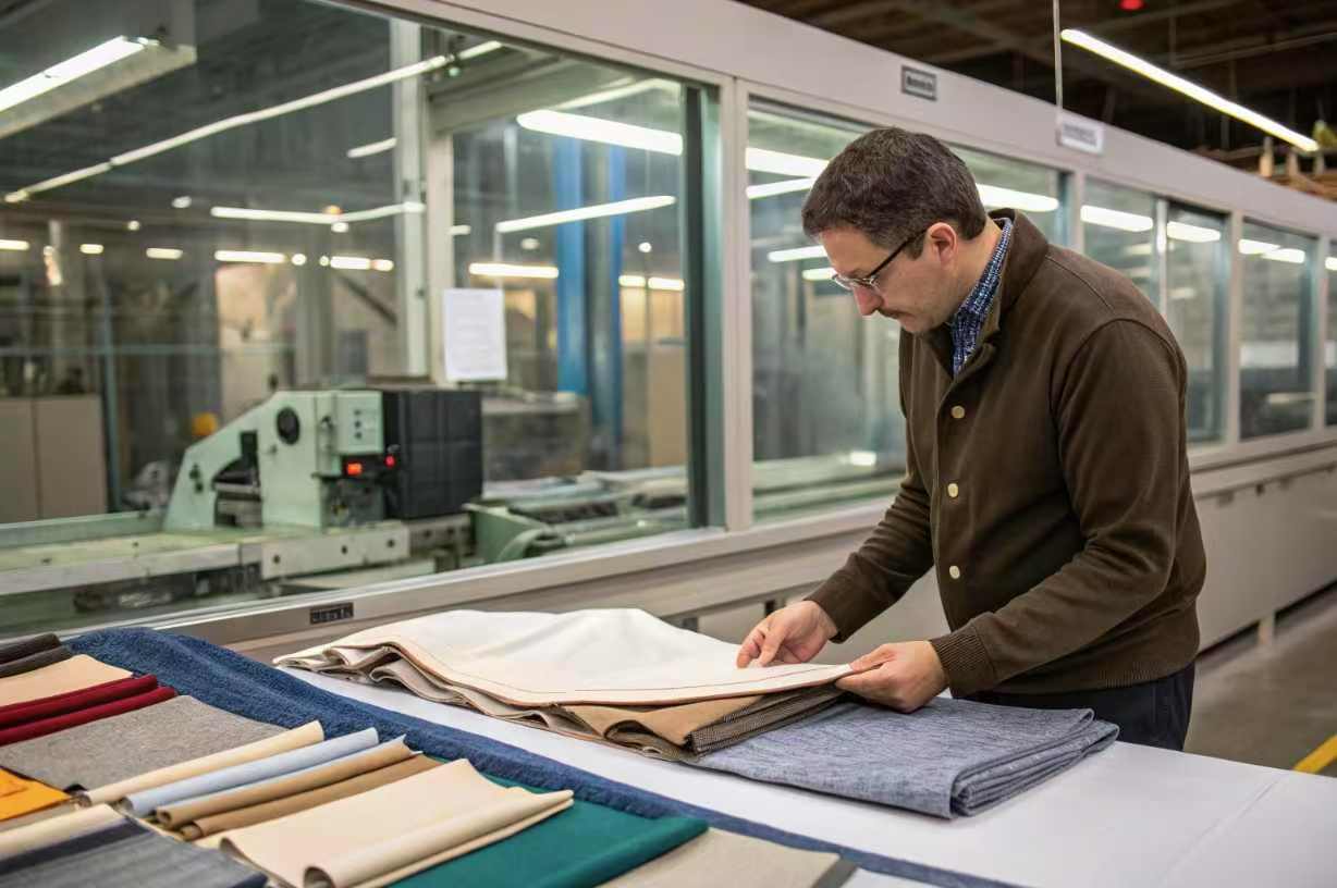 Man inspects fabric samples in a textile factory showroom near industrial production equipment.