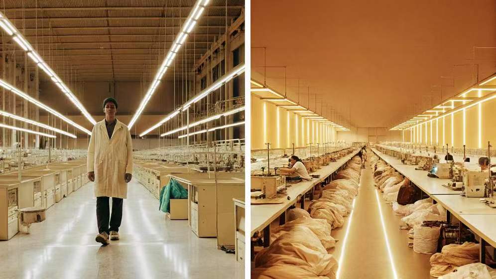  Two contrasting views of textile factories: one empty with a lone worker, the other busy with workers and production materials.