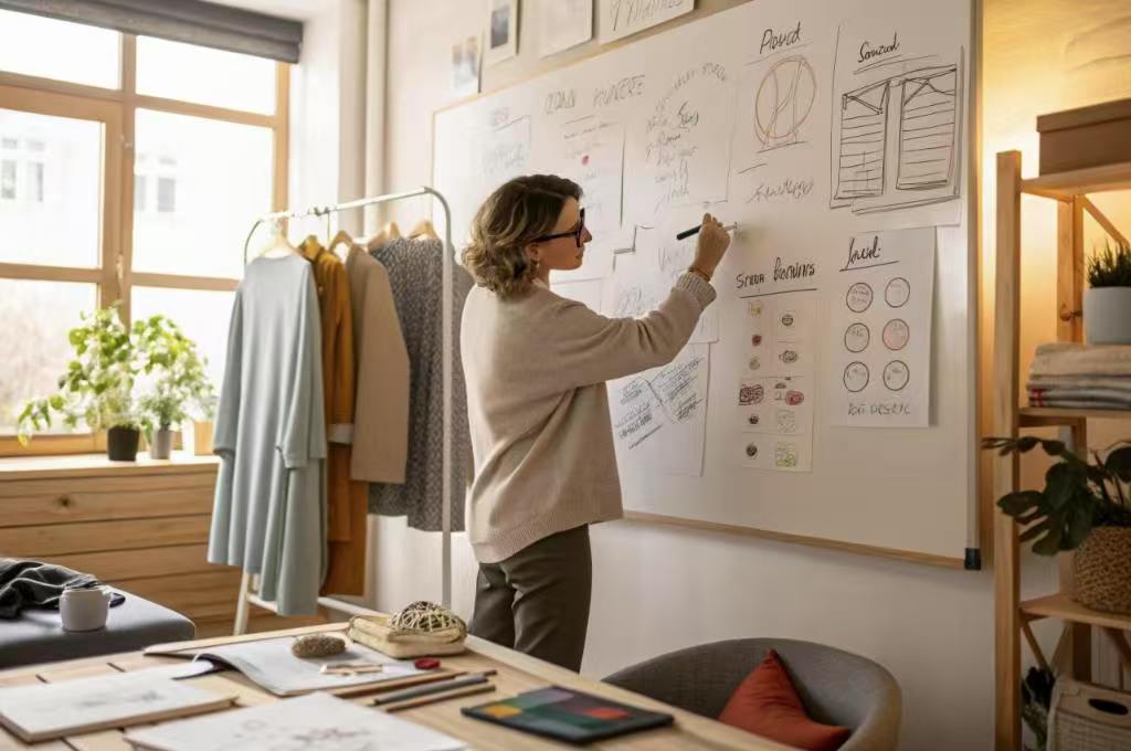 Woman outlines fashion concepts on whiteboard in studio.