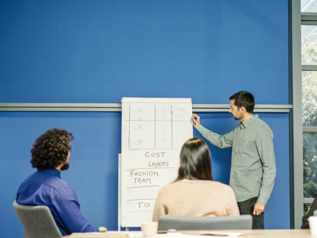 Man presenting cost strategy to fashion team using flip chart.
