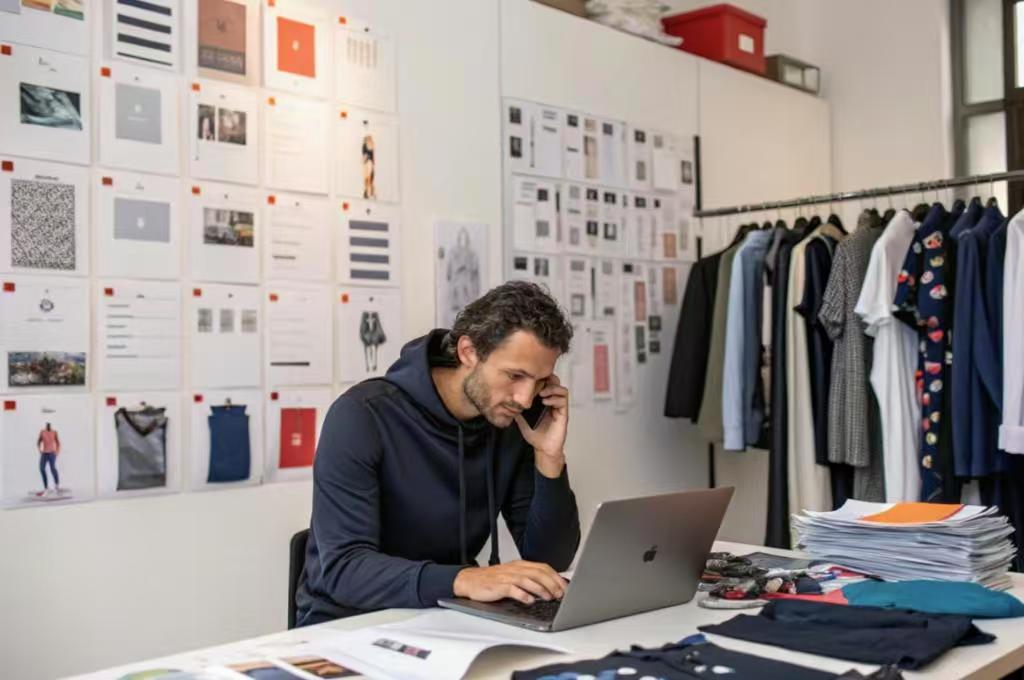Fashion designer working on laptop in sample-filled office.