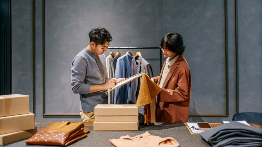 Two people reviewing clothing samples and notes.