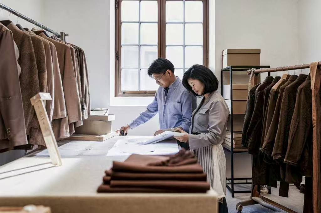 Workers in a garment factory sorting folded clothes into piles.