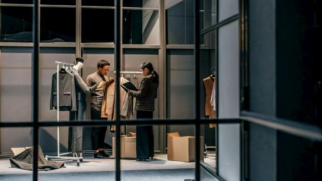 Two people reviewing clothing designs in a studio.