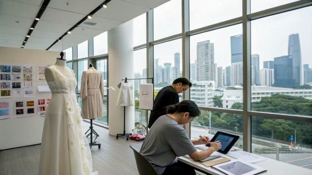 Designers working in a bright modern fashion studio