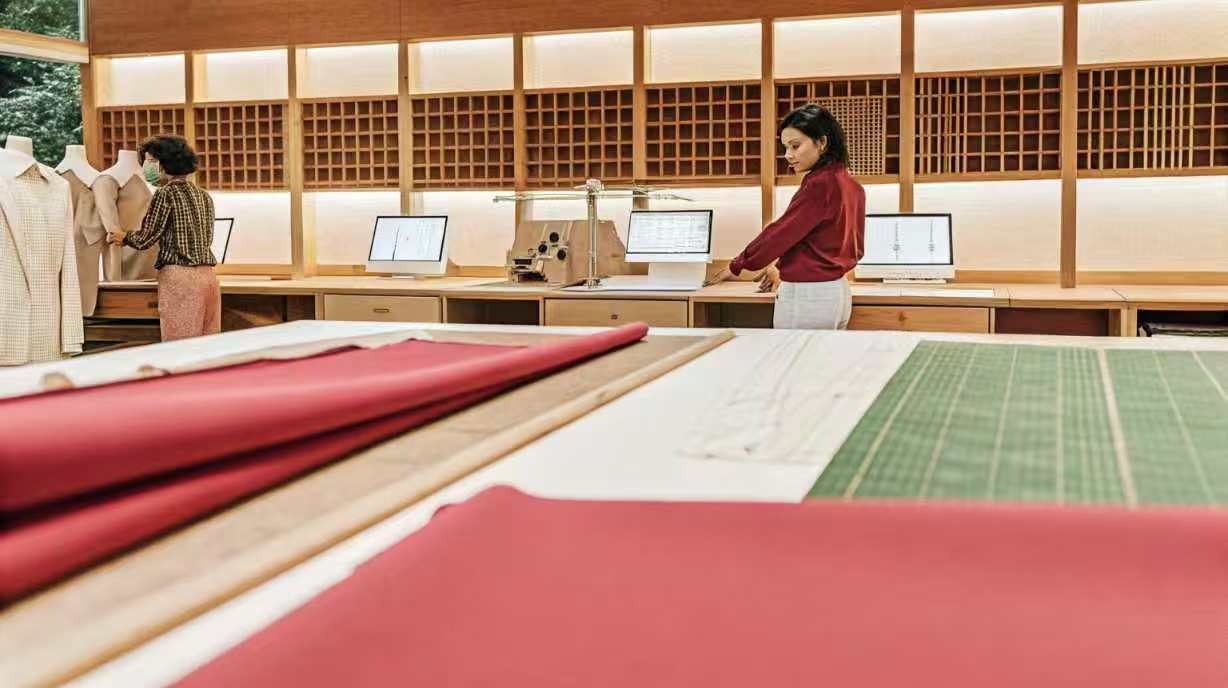 Designers working in modern fashion studio with fabrics and computers.