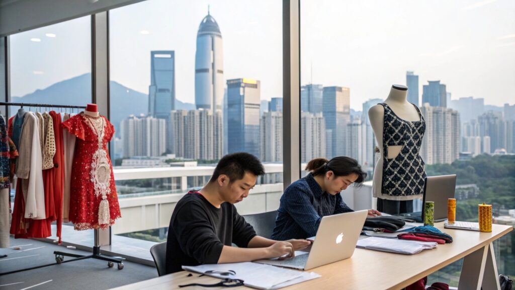 Two designers working on laptops with garments and mannequins