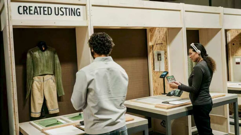 People viewing sustainable fashion design display booth