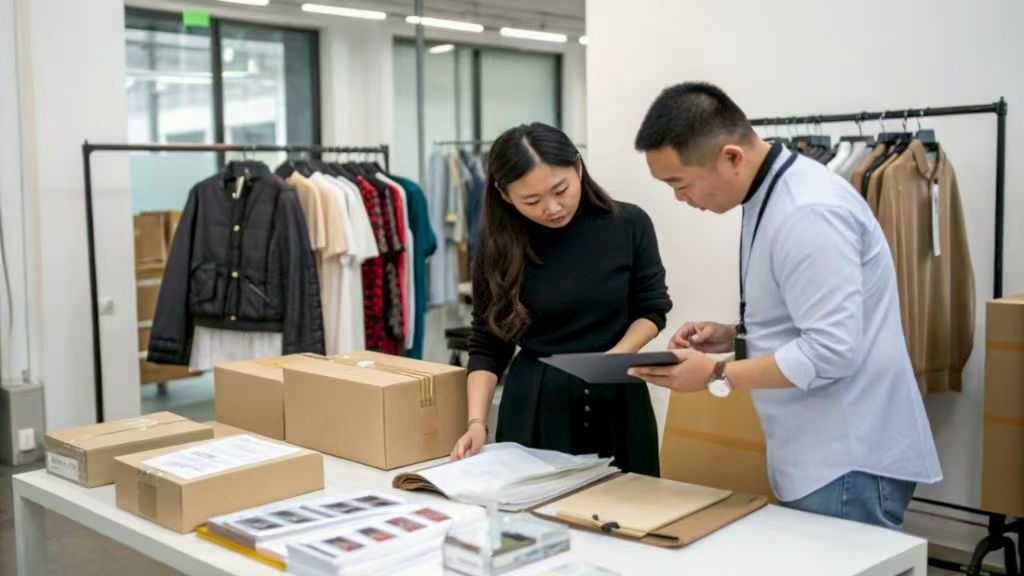 Two people reviewing clothing samples and shipping boxes.