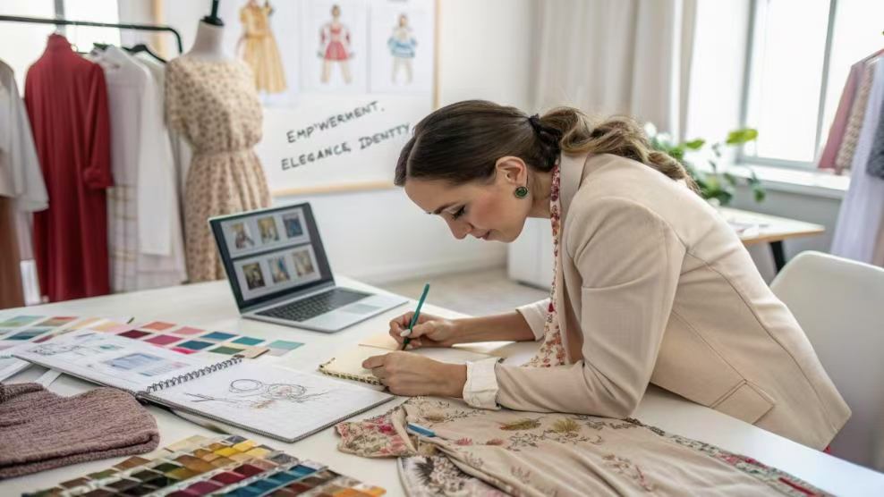 Designer sketching dress ideas surrounded by fabric and color swatches.
