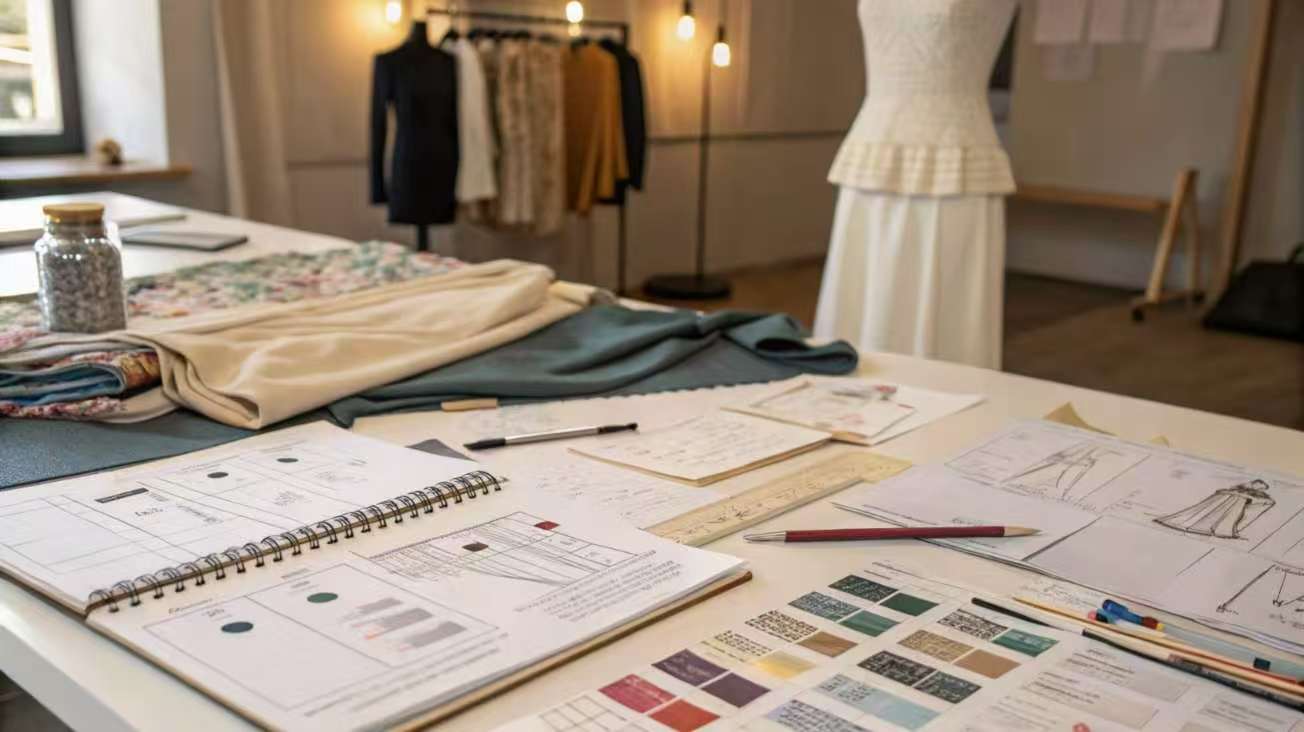 Fashion design workspace with fabric swatches, sketches, and color palettes on the table.