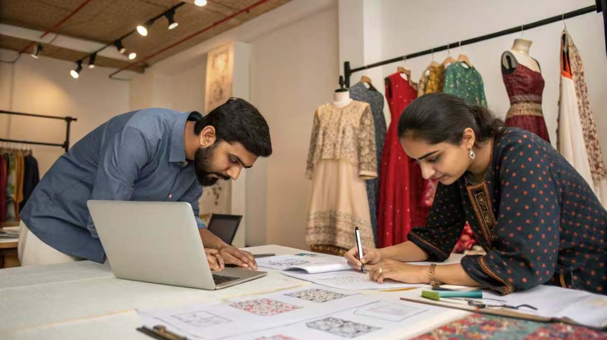 Designers collaborating on garment sketches with dresses in background.