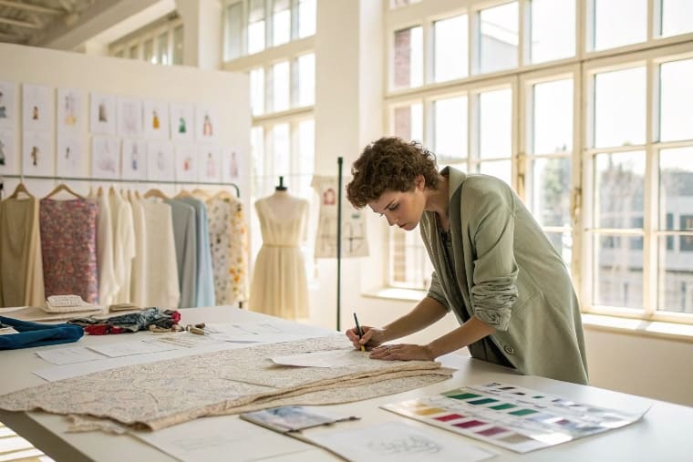 A fashion designer sketches clothing designs in a bright studio with fabric swatches and sketches on the table.