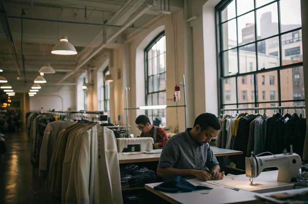 Designers work at sewing stations in a well-lit fashion studio with city views and hanging garments.