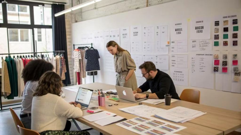 Fashion design team works in a studio with sketches, fabric samples, and garments on display racks.