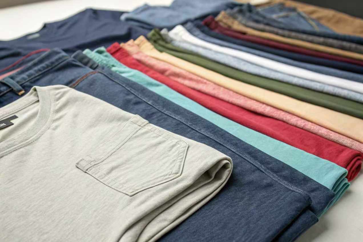 Neatly folded t-shirts and pants in a variety of colors and fabrics arranged on a table.