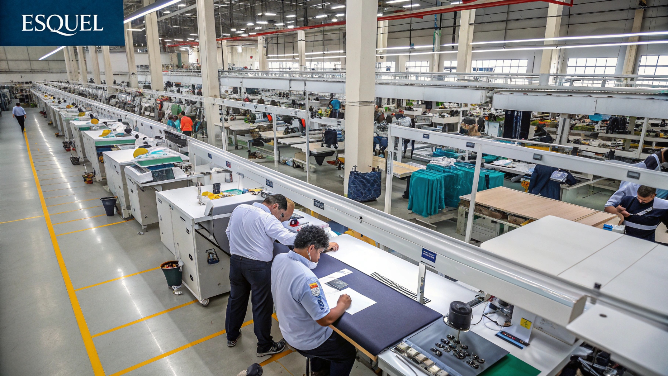 Workers operate machines in large apparel manufacturing facility