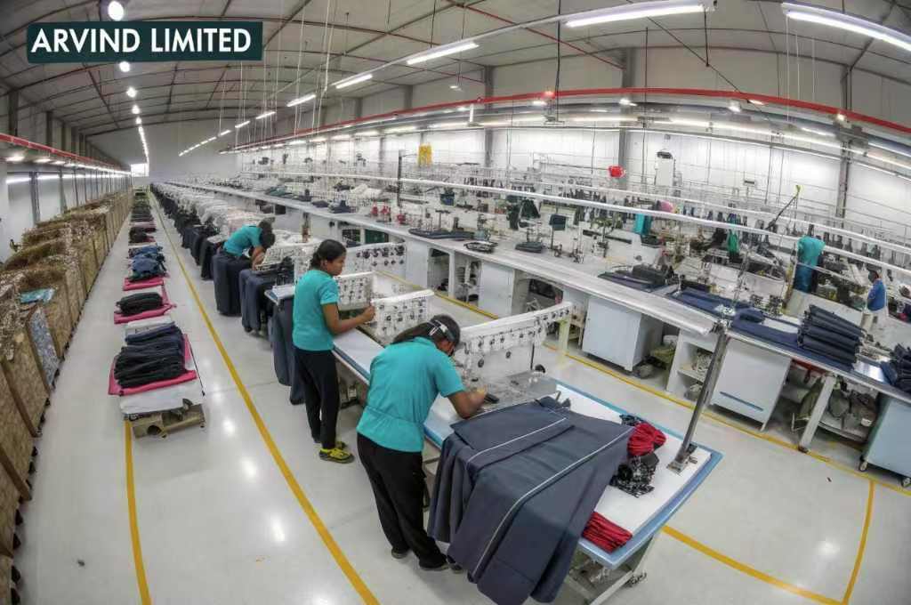 Workers sewing garments at Arvind Limited production facility.