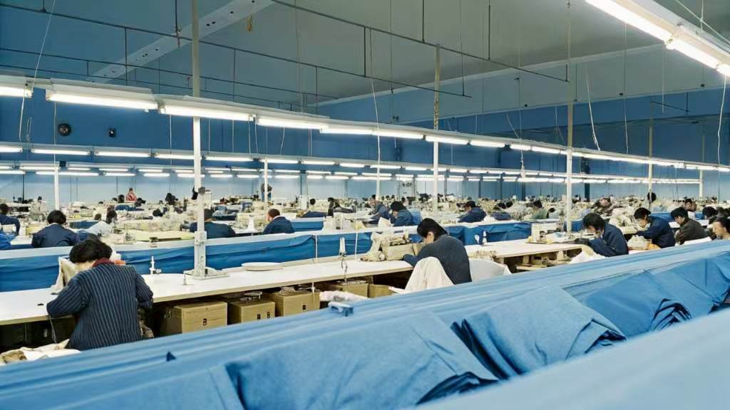 Workers sewing clothes in a large blue factory.