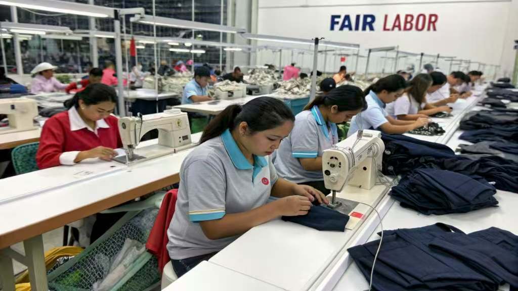 Workers stitching clothes on sewing machines in factory