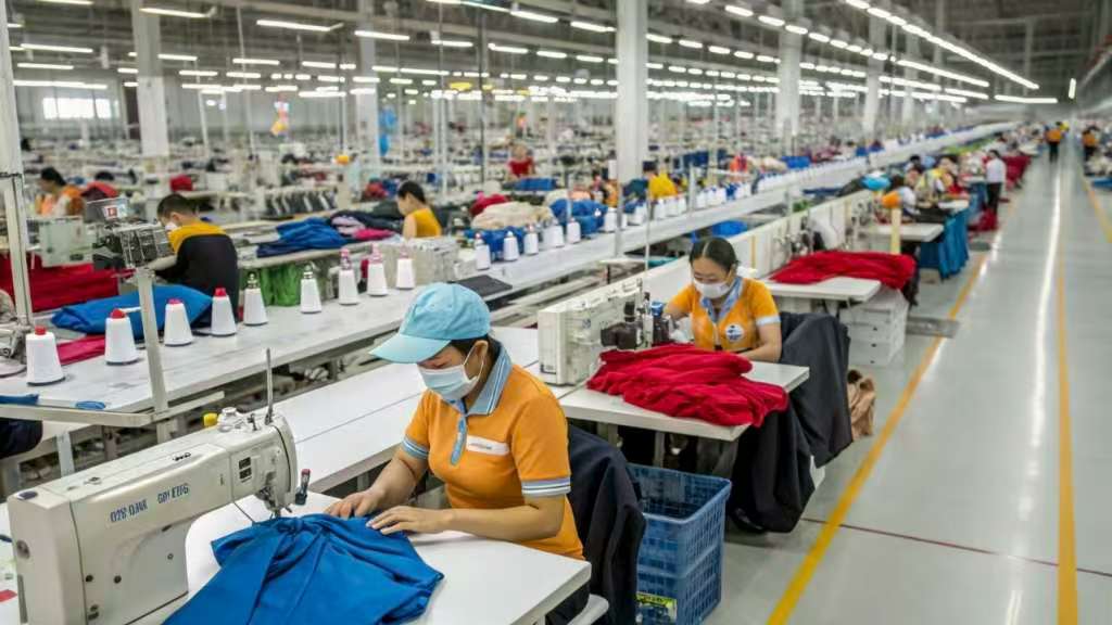  Workers sewing clothes in large garment factory