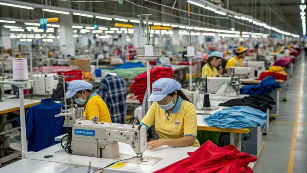 Workers sewing clothes in large garment factory with bright lighting