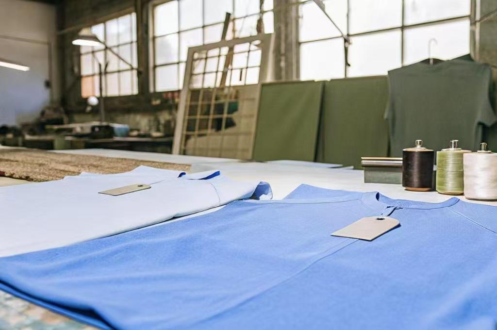 Blue and white shirts with tags on a work table beside spools of thread.