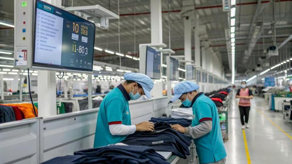 Factory workers inspecting clothes on production line