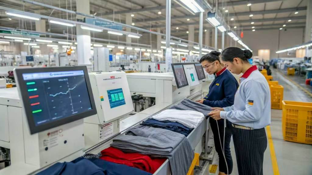 Workers checking folded garments on automated machines in a factory