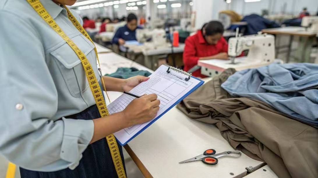 Woman with measuring tape inspecting clothes and writing on clipboard.