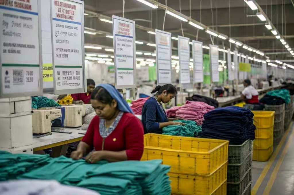 Workers inspect and fold clothes at textile factory.