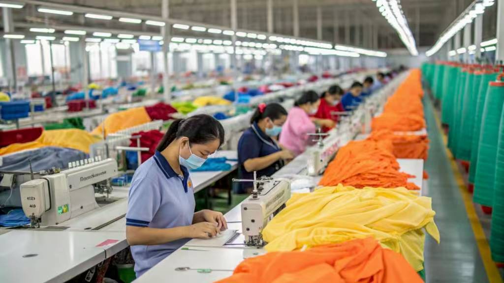 Workers sewing colorful fabrics on an assembly line in a factory.