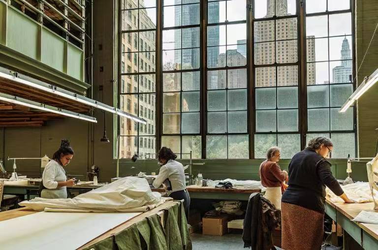 Fashion makers working by large windows in urban sewing studio.