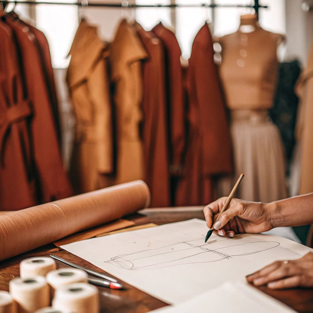 Fashion designer sketching garment on paper with brown fabric rolls and coats in background.