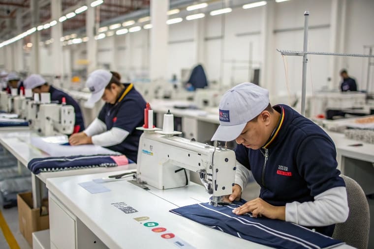 Workers sew garments on industrial sewing machines in a large clothing factory.