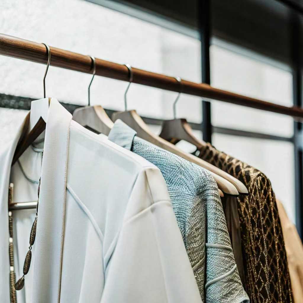 Close-up of elegant garments on wooden hangers, displayed on a clothing rack near a window.