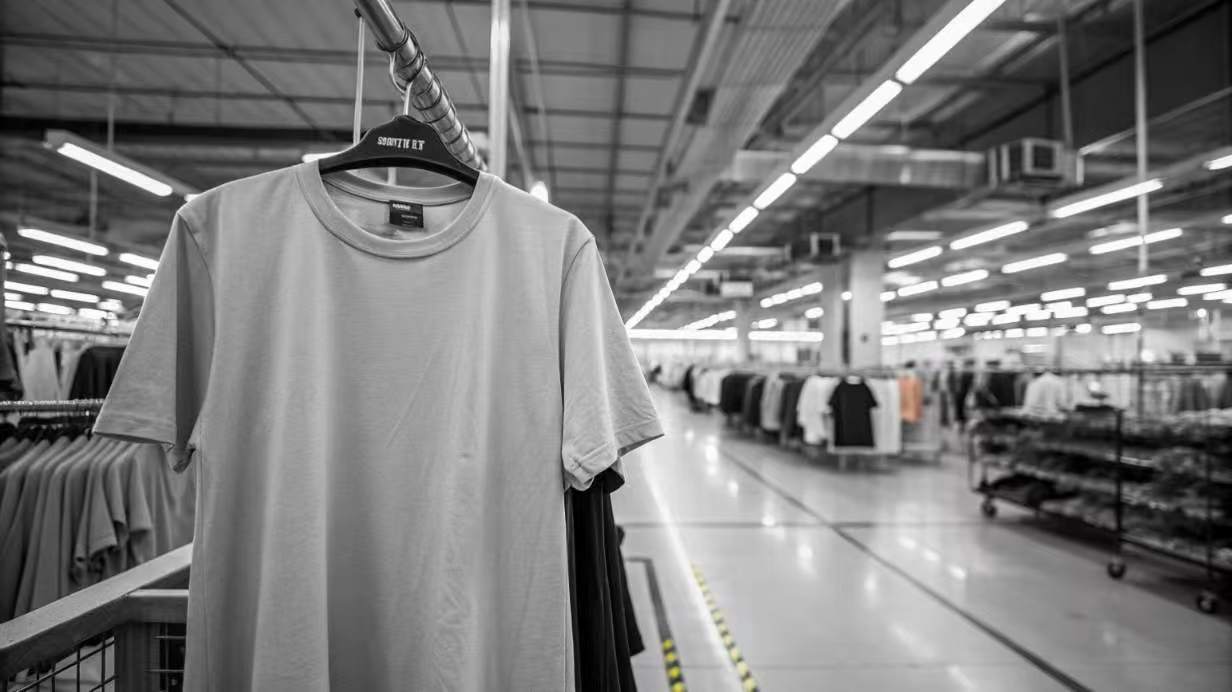 T-shirt on a hanger in a large, monochrome clothing factory or warehouse with racks of garments.