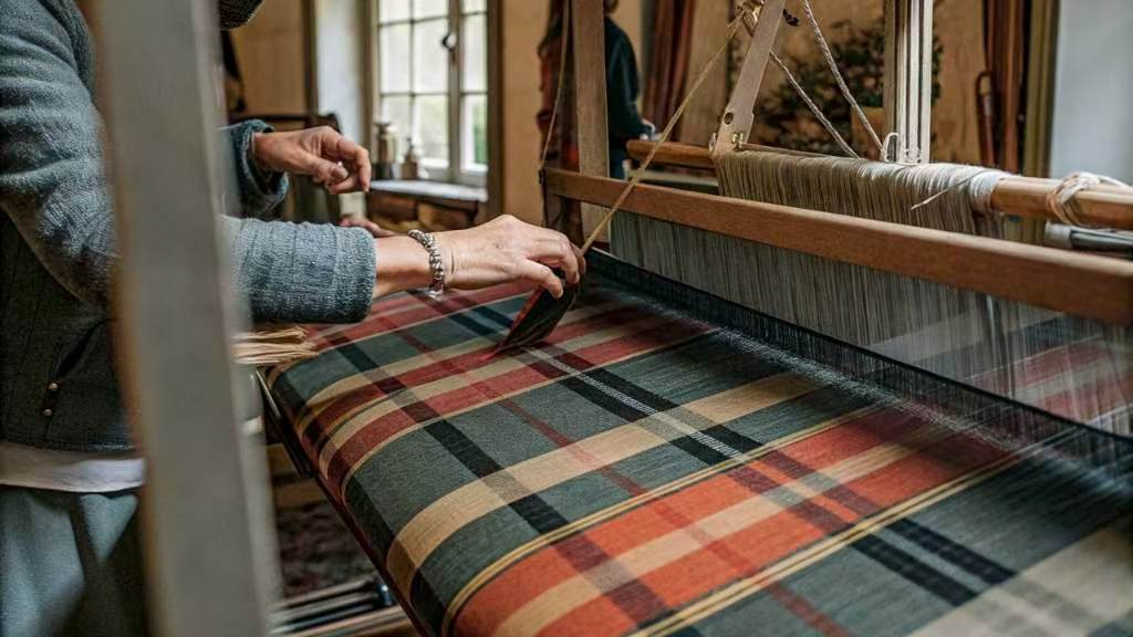 Artisan weaving colorful plaid textile on traditional wooden loom.