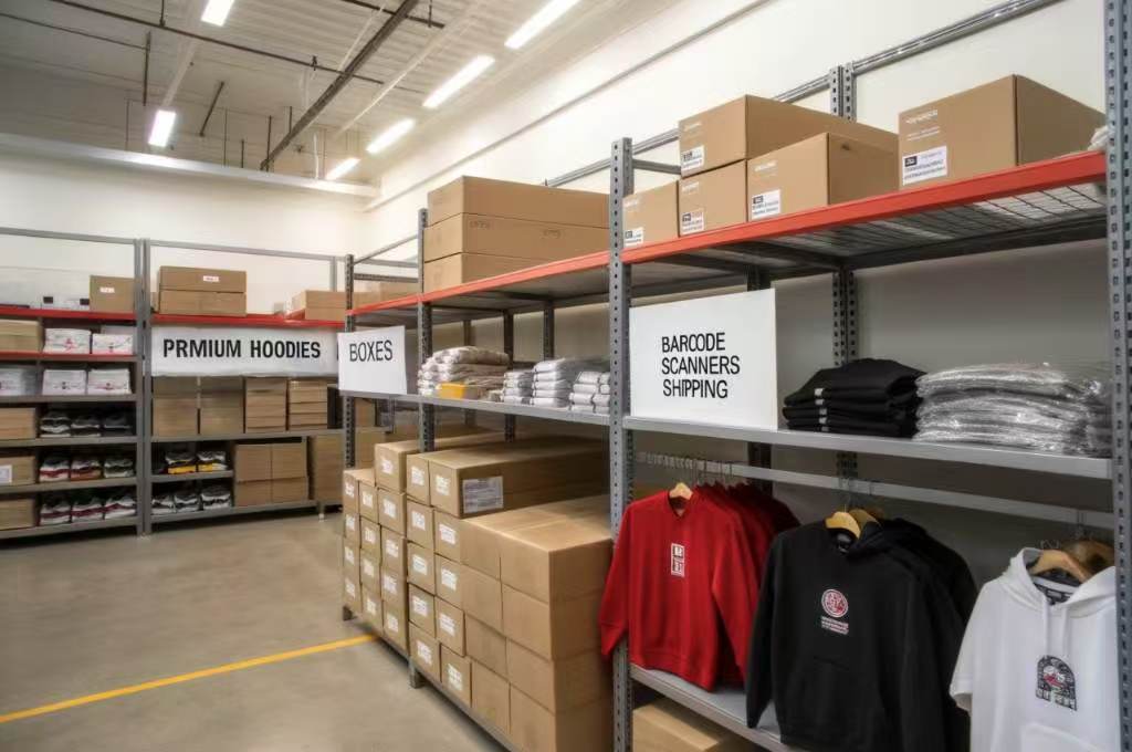 Organized warehouse shelves with hoodies and shipping boxes.