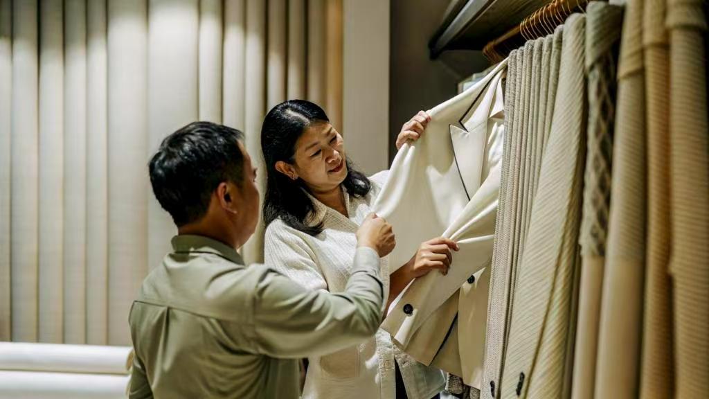 Two people examining a cream-colored jacket in a showroom