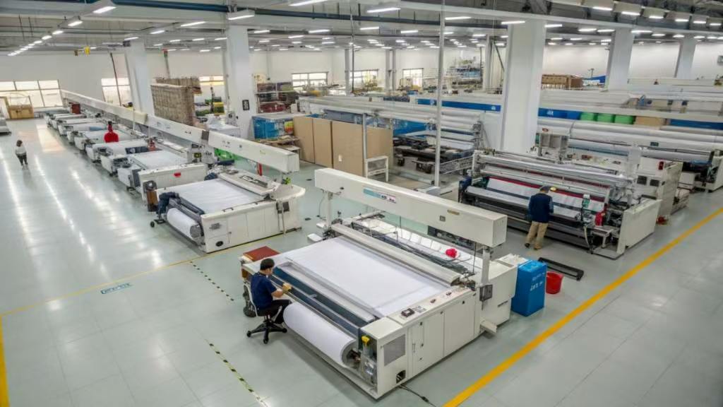 Workers operating automated fabric processing machines