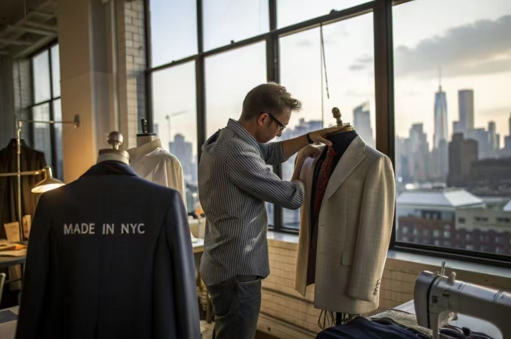 Tailor adjusting suit on mannequin in NYC studio at sunset.