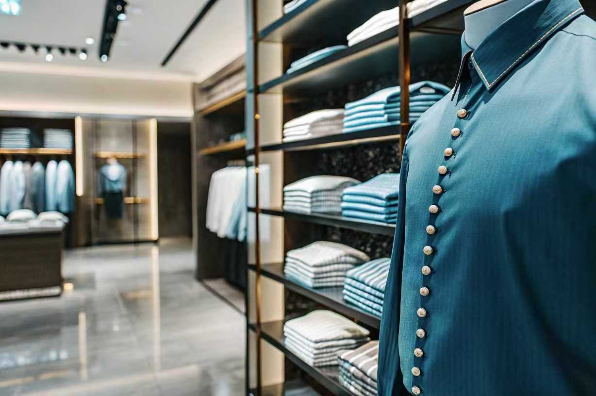 Blue mandarin-collar shirt on mannequin in luxury clothing store.