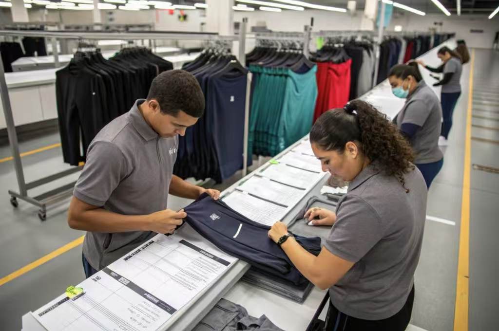 Workers inspecting athletic clothing on production line.