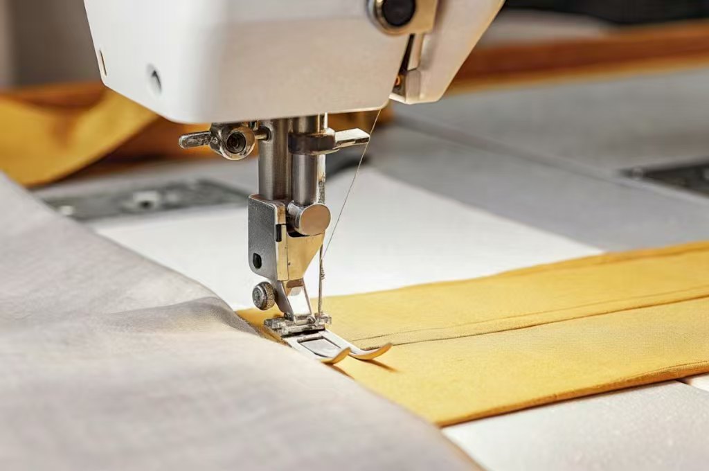 Close-up of sewing machine stitching yellow fabric