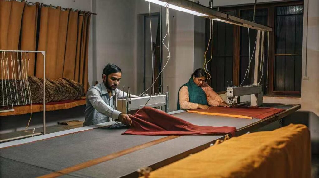 Two workers using industrial sewing machines to cut and sew fabric.