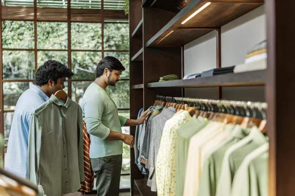 Two men browsing shirts in a stylish clothing store with natural light.