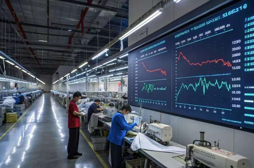Workers in smart garment factory with data screens.